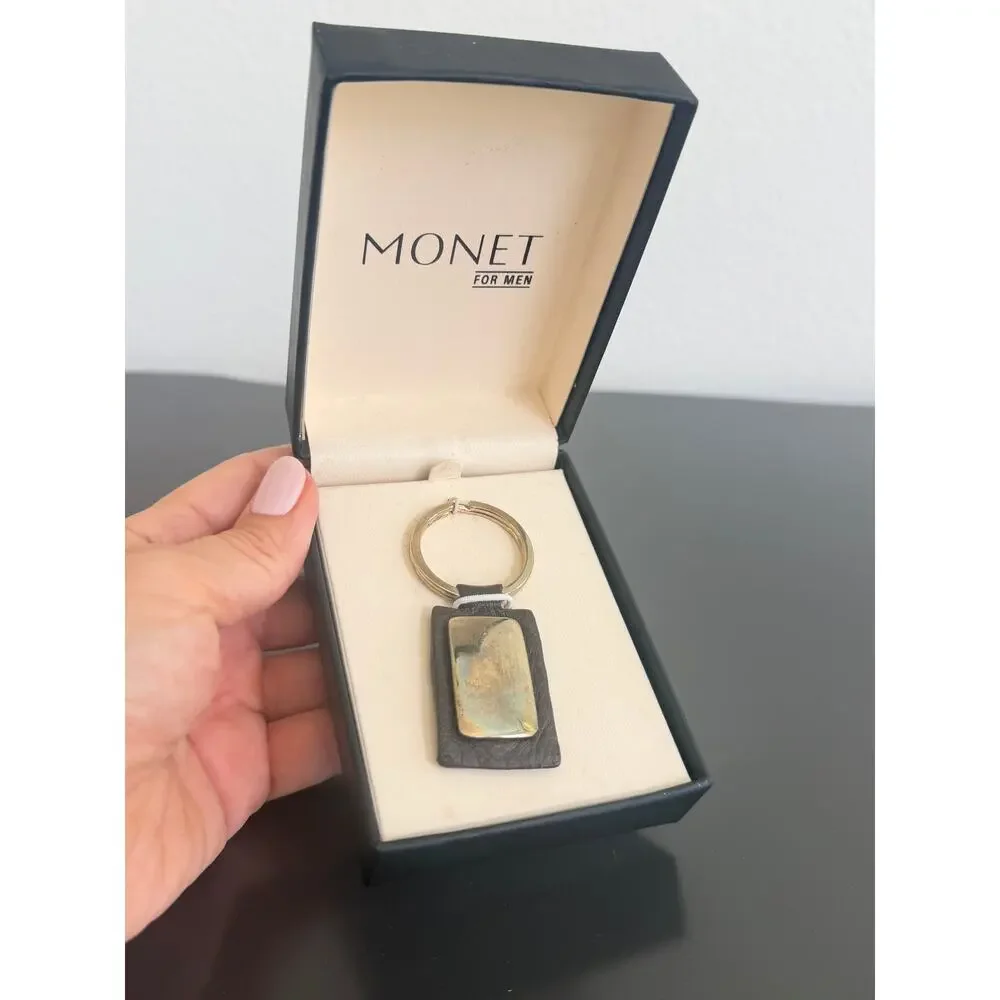 Vintage Monet for Men leather & metal keychain in its original branded box